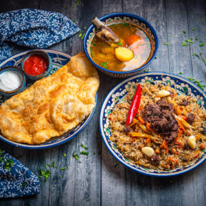 Uzbek pilaf + Shurpa + Cheburek